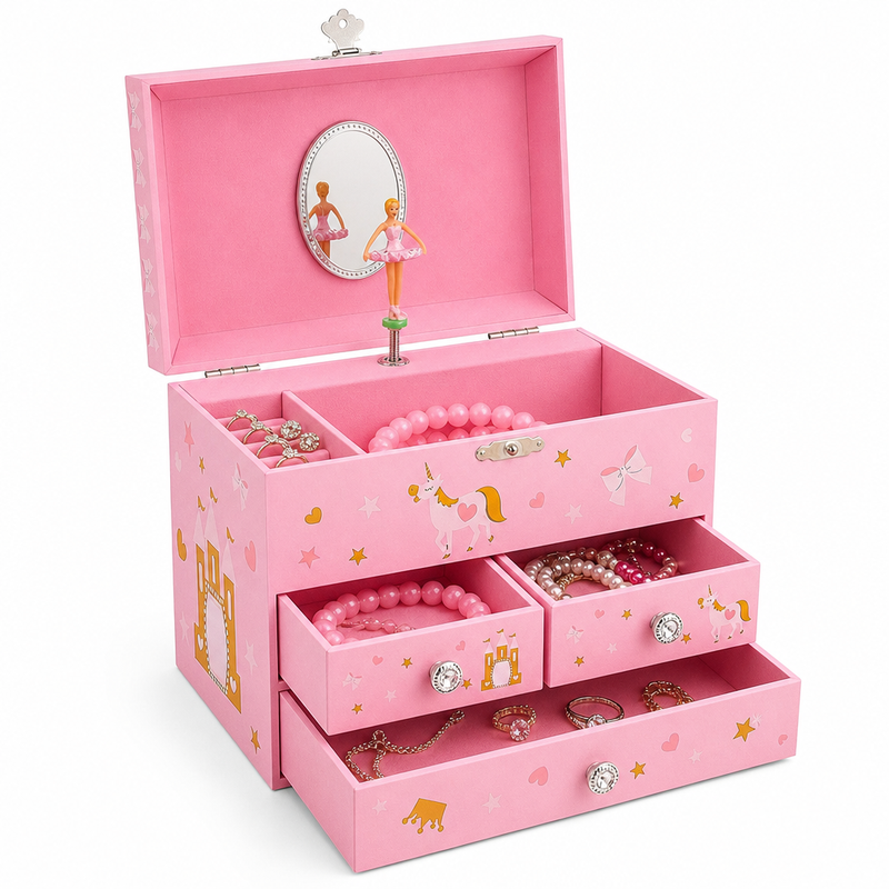 Boîte à bijoux musicale ballerine princesse, 3 tiroirs et miroir intégré