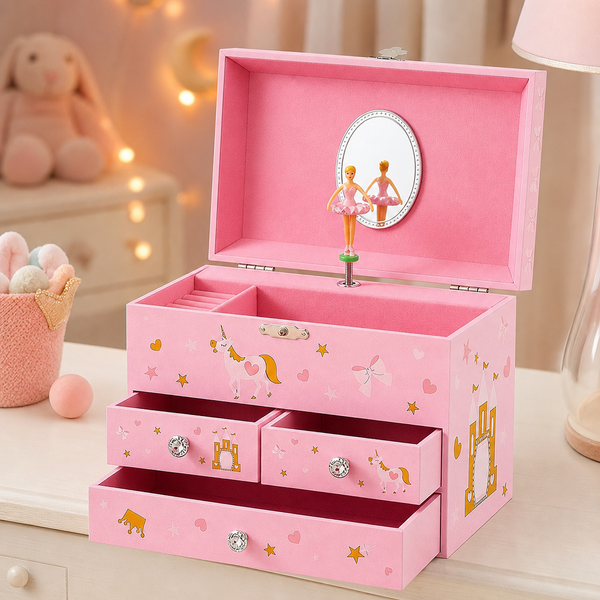 Princess Ballerina Musical Jewelry Box, 3 Drawers and Built-In Mirror