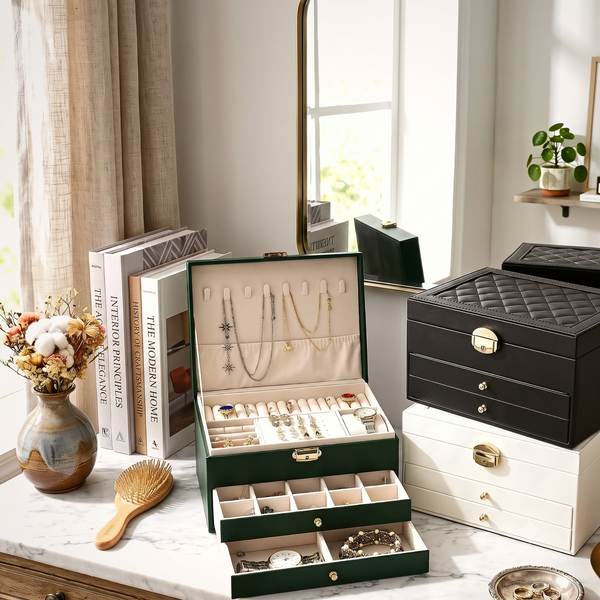 3-Tier Jewelry Box, Padded Lid and Gold Lock