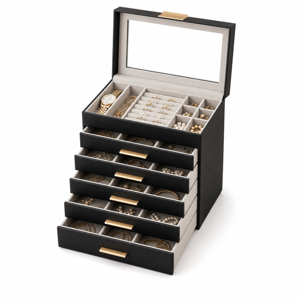 Coffret à bijoux 6 niveaux, effet cuir noir et poignées dorées