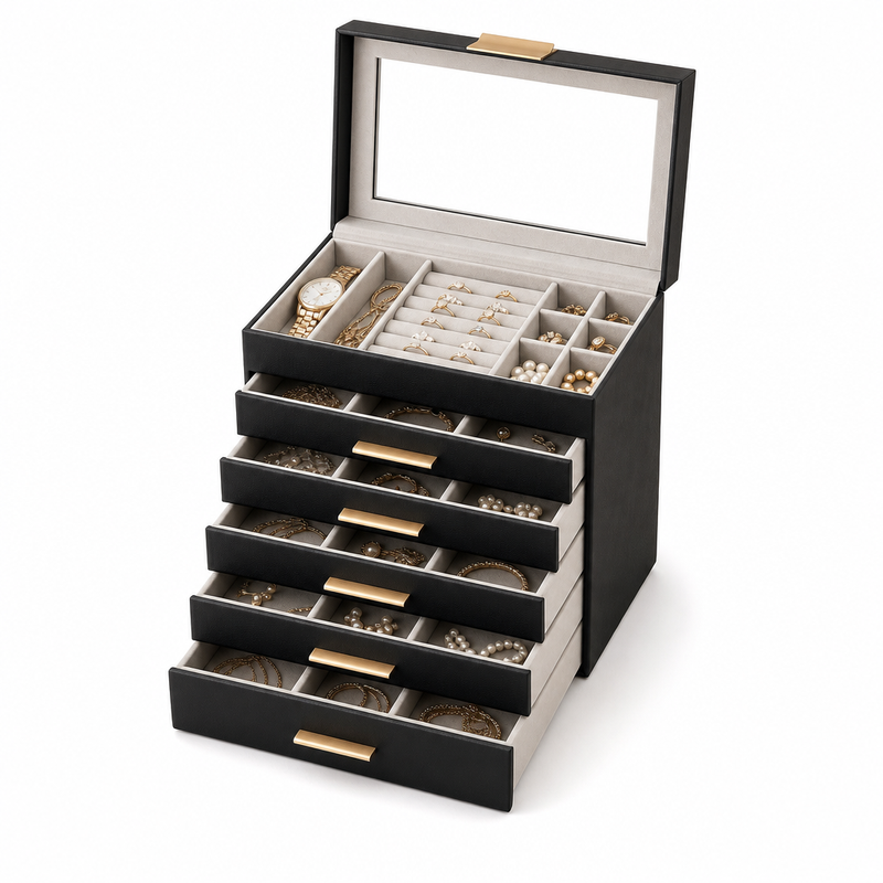Coffret à bijoux 6 niveaux, effet cuir noir et poignées dorées