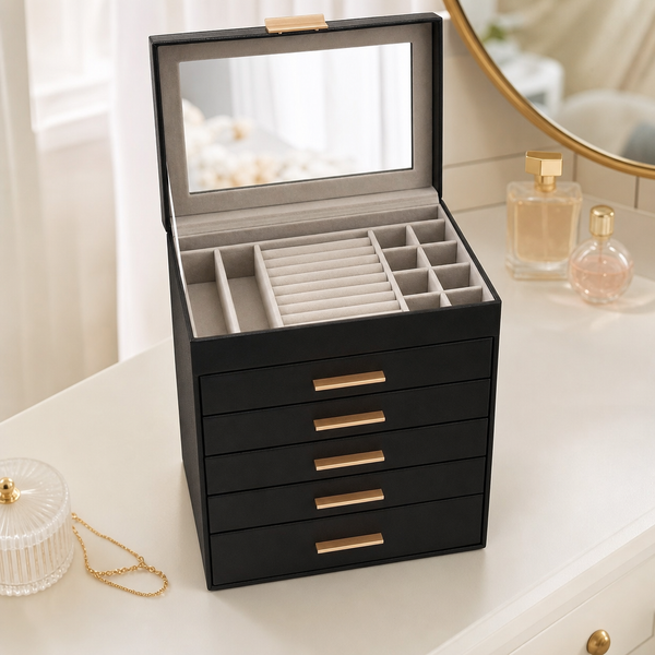 Coffret à bijoux 6 niveaux, effet cuir noir et poignées dorées