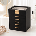 Coffret à bijoux 6 niveaux, effet cuir noir et poignées dorées - vue 5