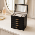 Coffret à bijoux 6 niveaux, effet cuir noir et poignées dorées - vue 3