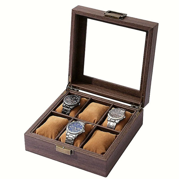 Coffret carré à montres en bois, 6 emplacements style horloger