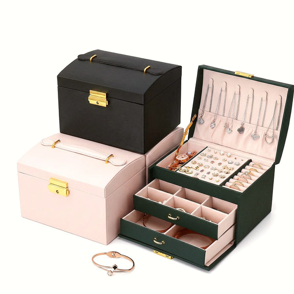 Coffret malle à bijoux, couvercle bombé, poignée et serrure dorée