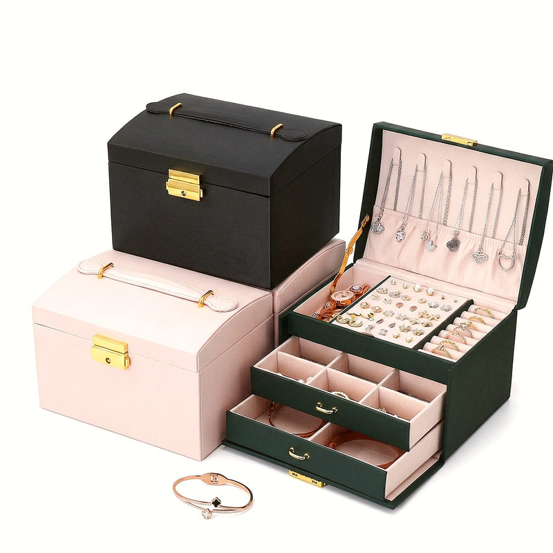 Coffret malle à bijoux, couvercle bombé, poignée et serrure dorée