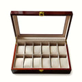 Coffret à montres en bois couleur acajou, 12 emplacements, vitrine et fermoir doré - vue 1