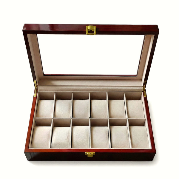 Coffret à montres en bois couleur acajou, 12 emplacements, vitrine et fermoir doré