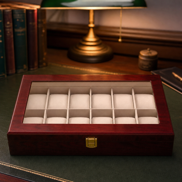 Coffret à montres en bois couleur acajou, 12 emplacements, vitrine et fermoir doré