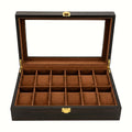 Coffret à montres en bois couleur noir , intérieur camel, fermoir doré , 12 emplacements - vue 1