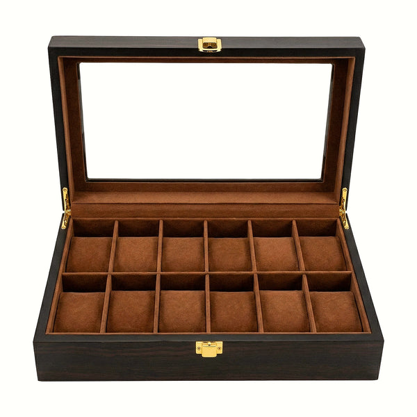 Coffret à montres en bois couleur noir , intérieur camel, fermoir doré , 12 emplacements