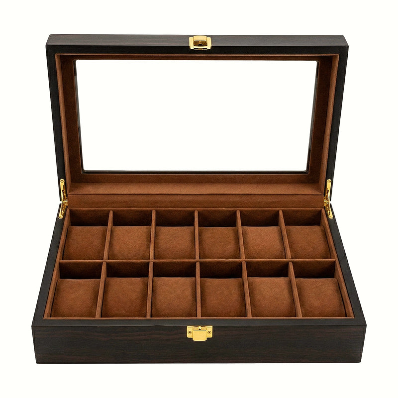 Coffret à montres en bois couleur noir , intérieur camel, fermoir doré , 12 emplacements
