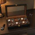 Coffret à montres en bois couleur noir , intérieur camel, fermoir doré , 12 emplacements - vue 2
