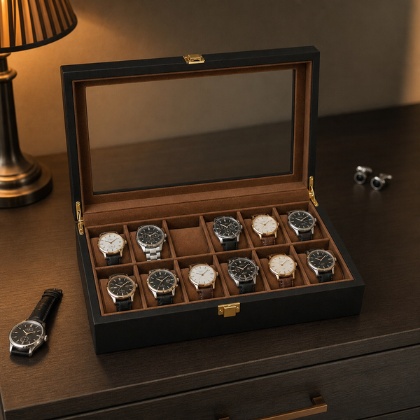 Coffret à montres en bois couleur noir , intérieur camel, fermoir doré , 12 emplacements