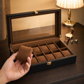 Coffret à montres en bois couleur noir , intérieur camel, fermoir doré , 12 emplacements - vue 5
