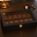 Coffret à montres en bois couleur noir , intérieur camel, fermoir doré , 12 emplacements - vue 6