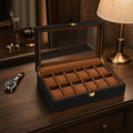 Coffret à montres en bois couleur noir , intérieur camel, fermoir doré , 12 emplacements - vue 4