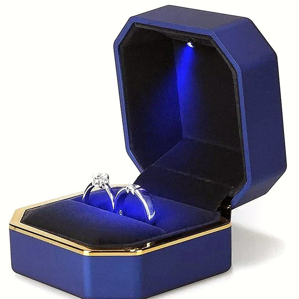 Écrin à bague LED octogonal, liseré doré, plusieurs coloris