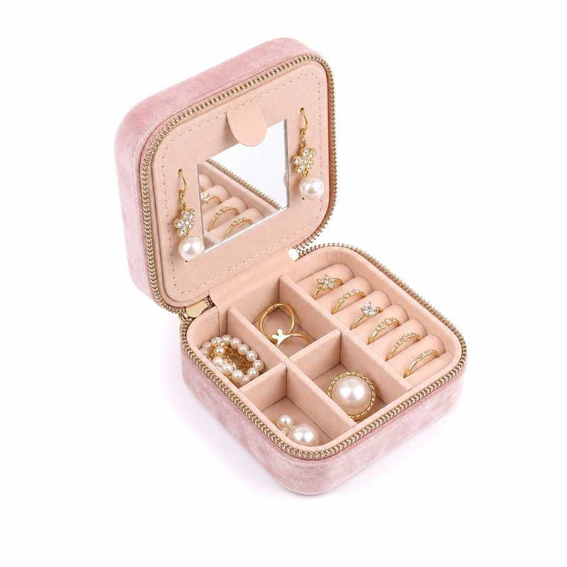 Mini coffret à bijoux en velours, fermeture zippée et miroir intégré