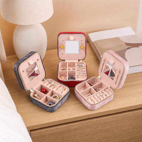 Mini coffret à bijoux en velours, fermeture zippée et miroir intégré
