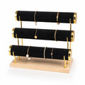 Présentoir à bracelets 3 barres, bois clair et finitions dorées - vue 1