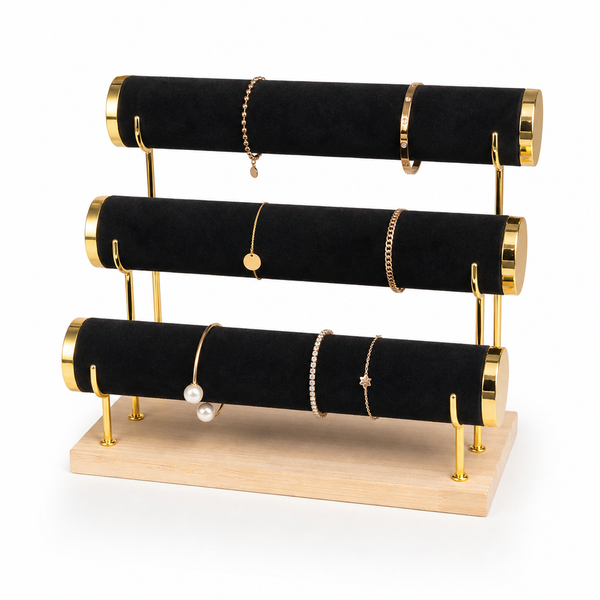 Présentoir à bracelets 3 barres, bois clair et finitions dorées